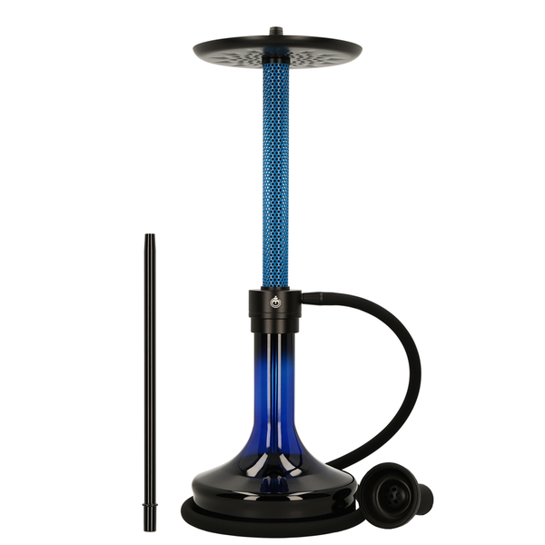 Modern blue and black shisha pipe with hose and accessories on a white background