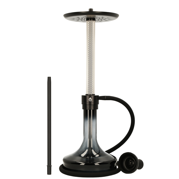 Modern black and silver hookah pipe with hose, mouthpiece, and detachable bowl displayed