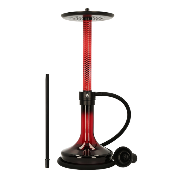 Modern red and black hookah set with hose and accessories on a white background