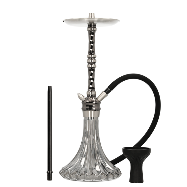 Modern metal and glass hookah set with black hose and detachable bowl on white background