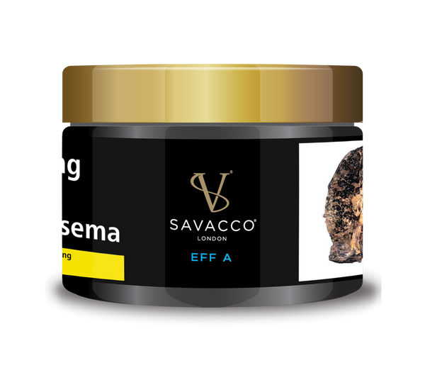 Black and gold Savacco London shisha tobacco jar, EFF A flavor, 50g size