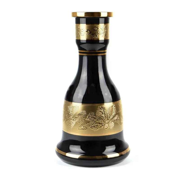 Black Bohemian crystal hookah base with intricate gold floral engravings, 30cm tall.