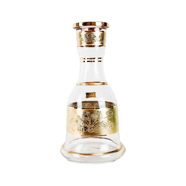 Clear Bohemian glass shisha base with gold floral accents, 30cm tall, on white background