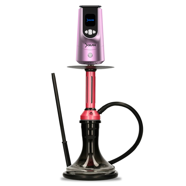 Pink modern shisha pipe with glass base, digital top, and black hose on white background