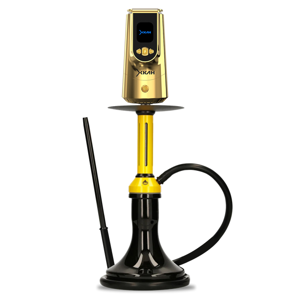 Modern yellow and black hookah with digital controls and a flexible hose