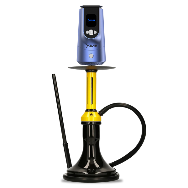 Modern hookah with yellow stem, blue electronic heat controller, black hose and base.