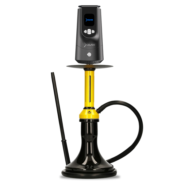 Modern yellow and black shisha pipe with digital top and black hose on white background