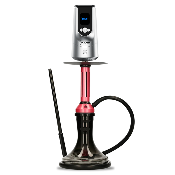 Modern red and silver hookah with black hose and clear glass base on white background