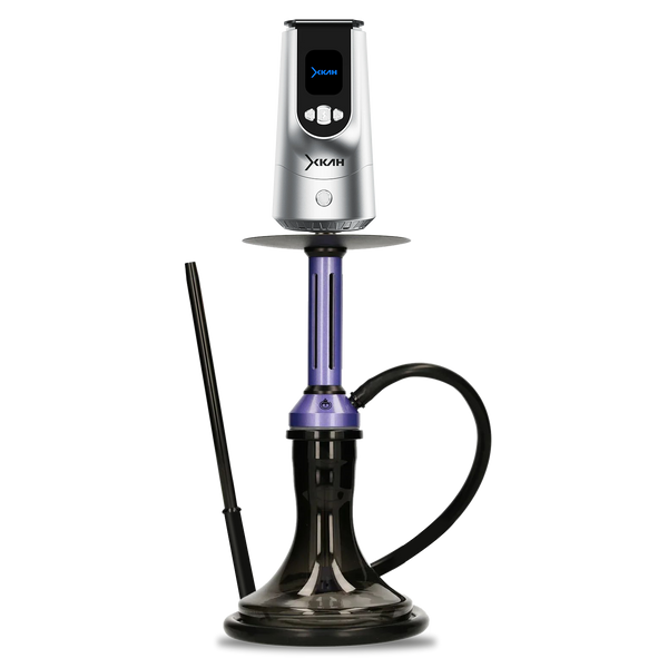 Modern purple and silver shisha hookah with black hose and clear base on white background