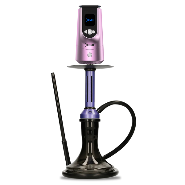 Modern shisha pipe in purple and pink with hose and digital top unit on white background