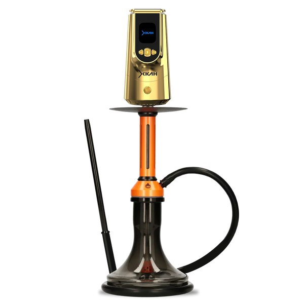 Modern orange and gold hookah with black hose and glass base on a white background