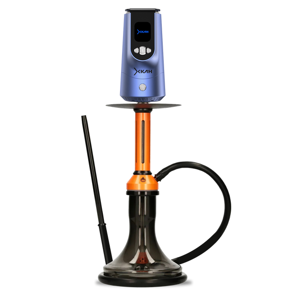 Modern orange and blue hookah with digital top, black hose, and glass base