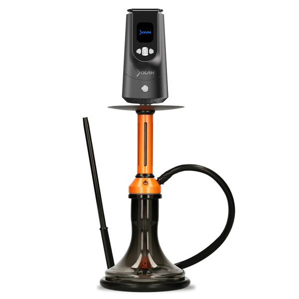 Modern orange and black hookah with glass base and digital heat controller