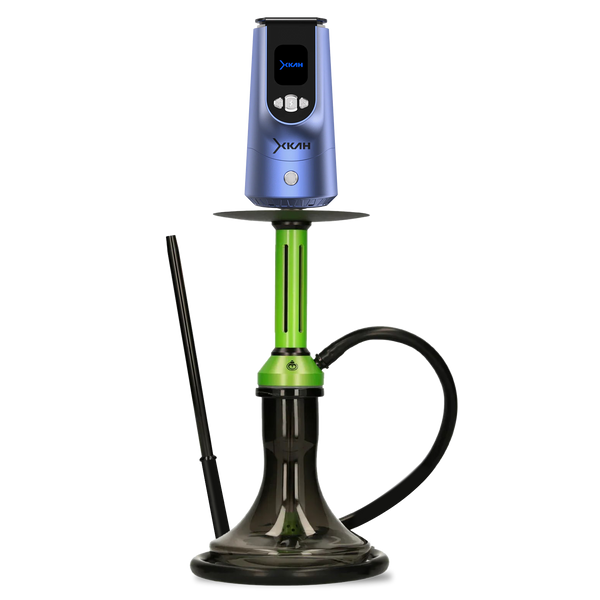 Modern green and blue hookah with digital display and black hose on transparent base