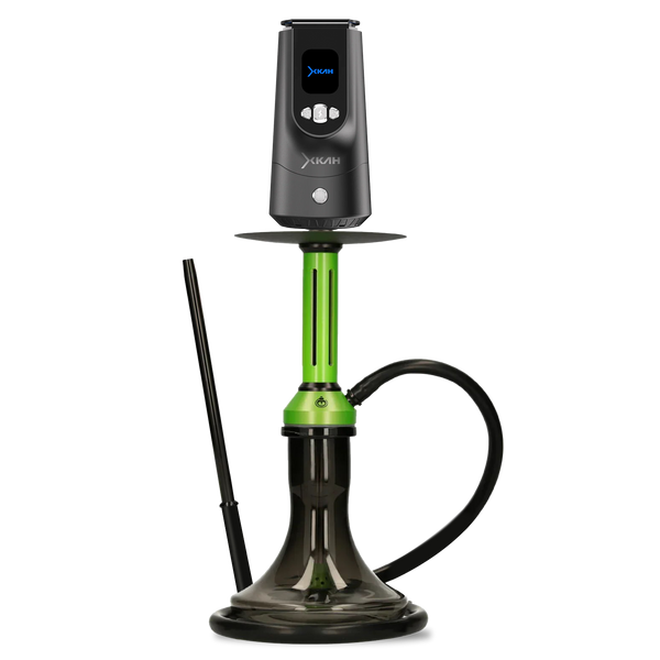Modern green and black hookah with digital top, hose, and glass base on white background