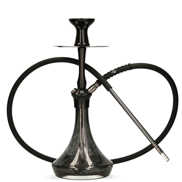 Modern black glass hookah with metal stem and silicone hose against white background