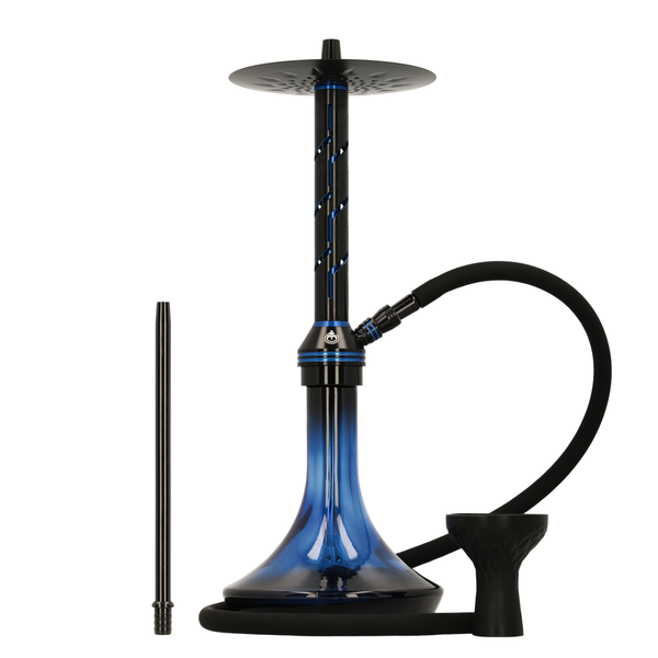 Modern blue glass hookah set with black hose, stem, and bowl on white background