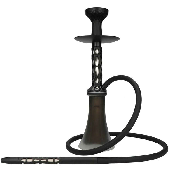 modern black hookah with matte finish, patterned stem, and long silicone hose