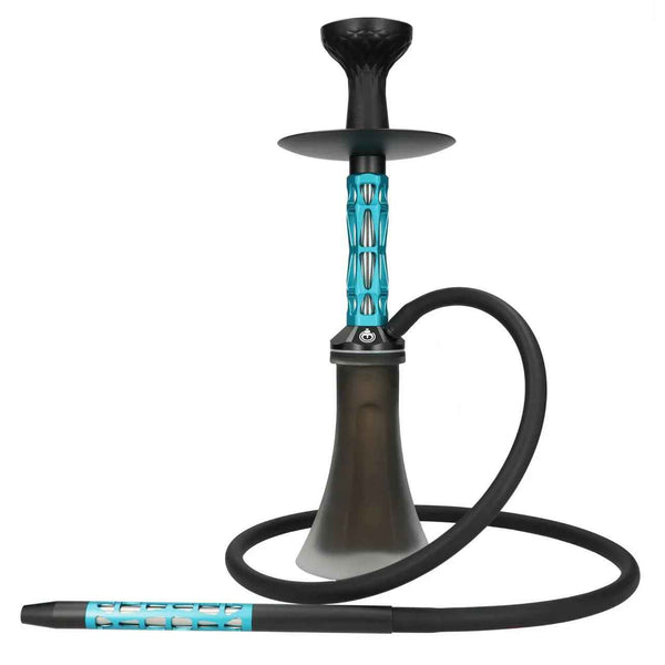 Modern blue and black hookah with patterned stem and silicone hose on white background