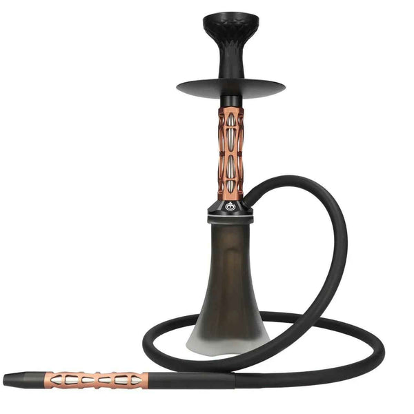 Modern brown and black hookah with metal stem, silicone hose, and clear glass base