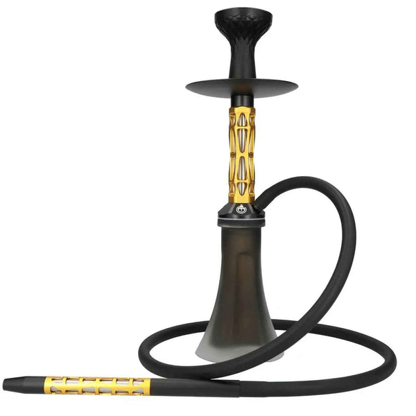 Modern gold and black hookah with silicone hose and patterned stem on white background