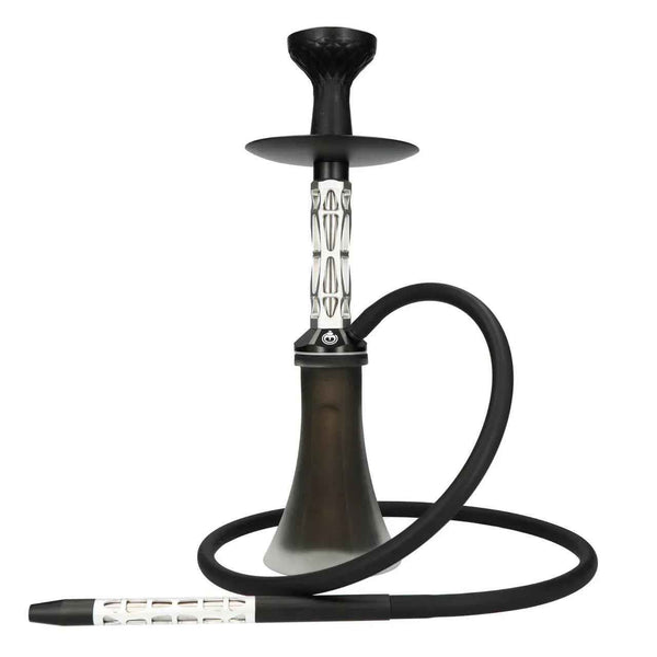 Modern silver and black hookah with a textured stem and wide base on white background