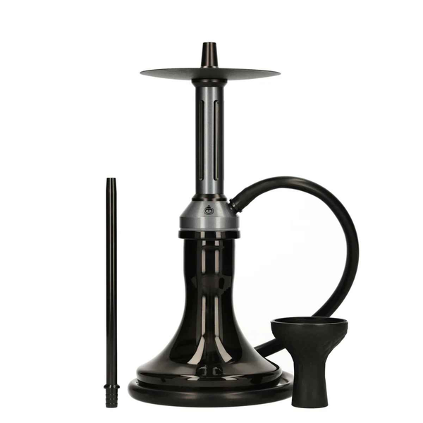 Modern black shisha pipe set with hose, stem, and bowl on white background