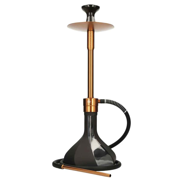Modern octagonal hookah with a black and bronze finish, glass base, and silicone hose