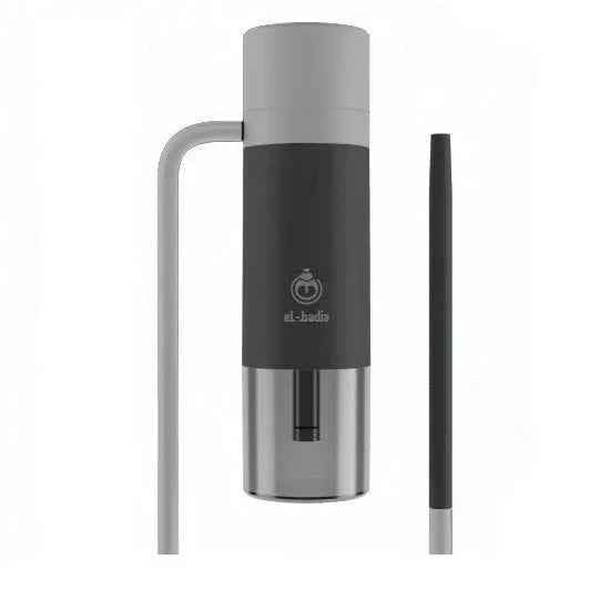 Modern deep black shisha pipe with minimalist design and matching mouthpiece on white background