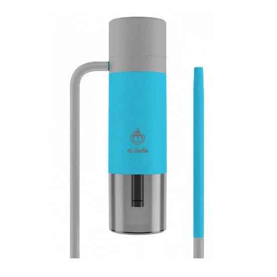 Modern blue and grey shisha pipe with hose, compact design, isolated on white background