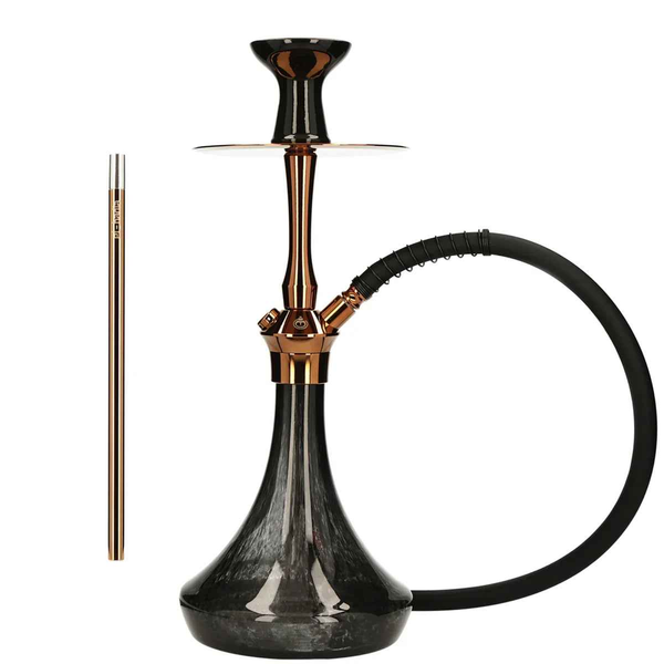 Modern brown and copper hookah with glass base, silicone hose, and matching mouthpiece