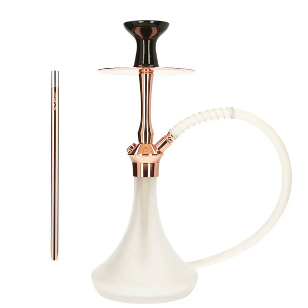 Modern rose gold hookah with white frosted glass base and matching mouthpiece