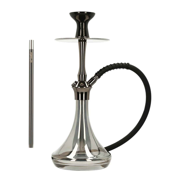 Modern carbon design hookah with sleek glass base and black silicone hose on white background