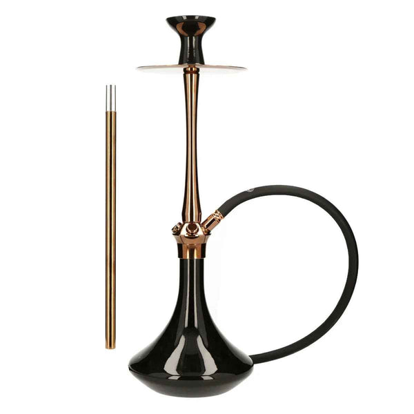 Modern brown and copper hookah with black glass base and hose on white background