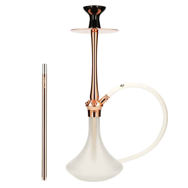 Elegant rose gold hookah with frosted glass base and white hose on white background