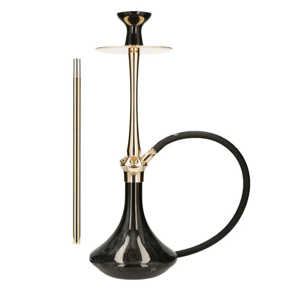 Modern shiny gold and black hookah with glass base, metal stem, and flexible hose