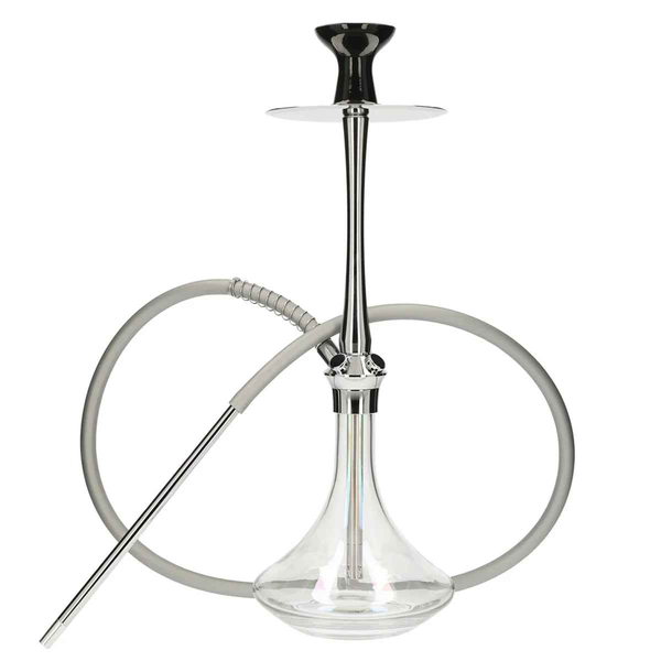 Modern silver chrome hookah with clear glass base and grey hose on a white background