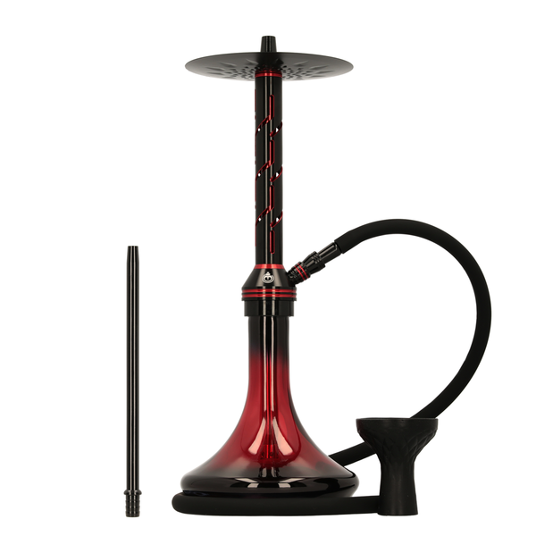 Modern red and black hookah with glass base, metal stem, hose, and bowl on white background