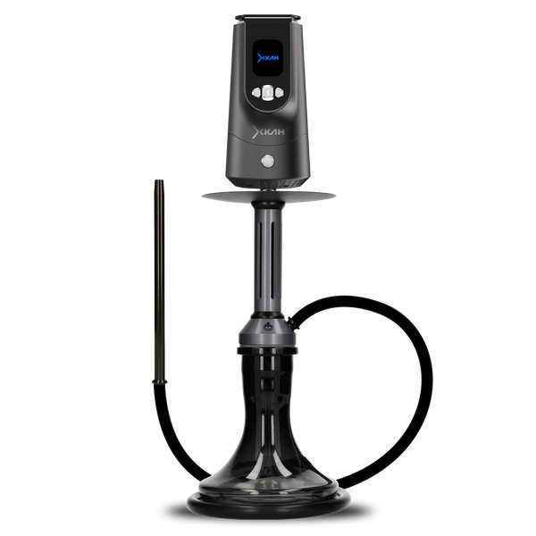 Modern black hookah with digital display, hose, and glass base on a white background