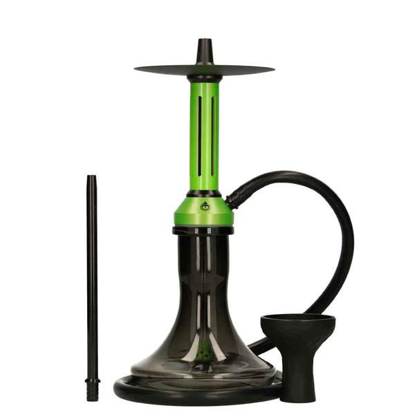 Modern green hookah set with black hose, clear base, and bowl on white background
