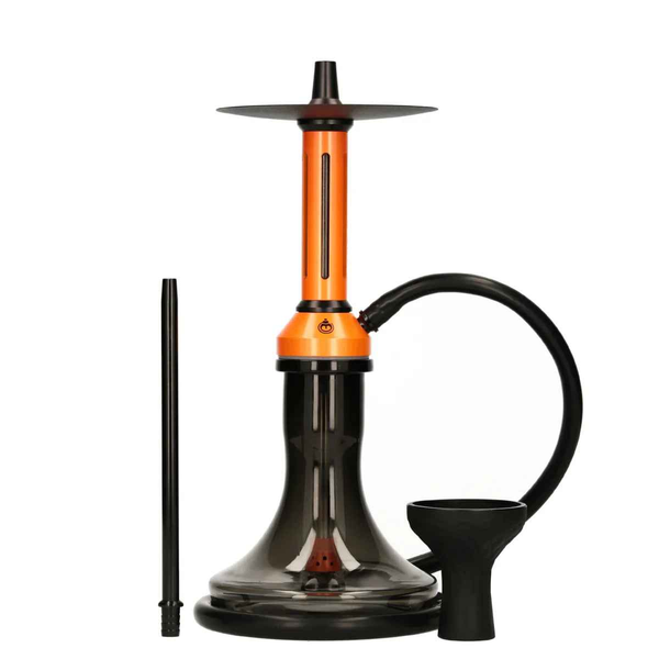 Modern orange hookah set with glass base, black hose, stem, and bowl on white background.