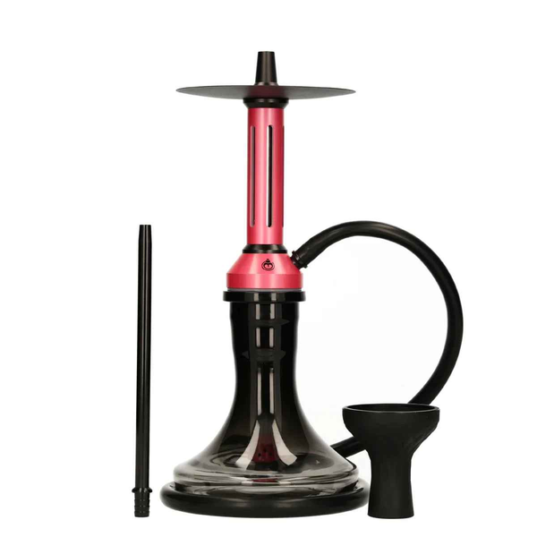 Modern pink and black hookah with glass base, silicone hose, and matching bowl on white background.