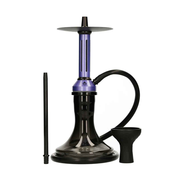 Modern purple hookah with black glass base, detachable hose, bowl, and mouthpiece on white background.