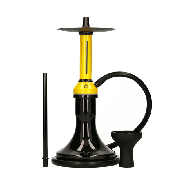 Modern yellow and black hookah set with hose, mouthpiece, and bowl on white background