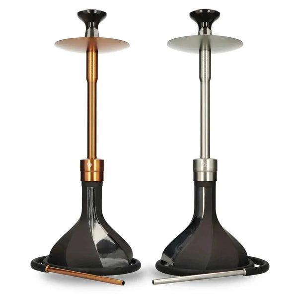 Two modern shisha pipes with metallic stems and black bases, side by side on white background