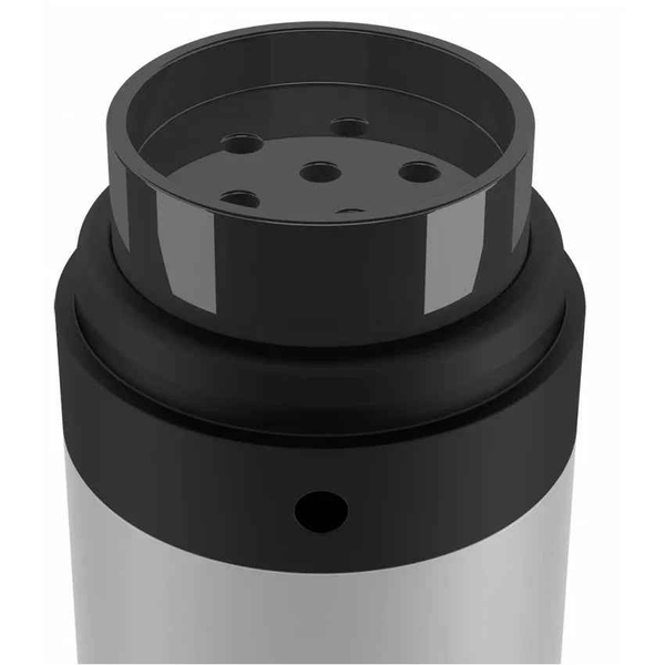 Close-up of modern black and silver shisha pipe stem with airflow holes visible on top.