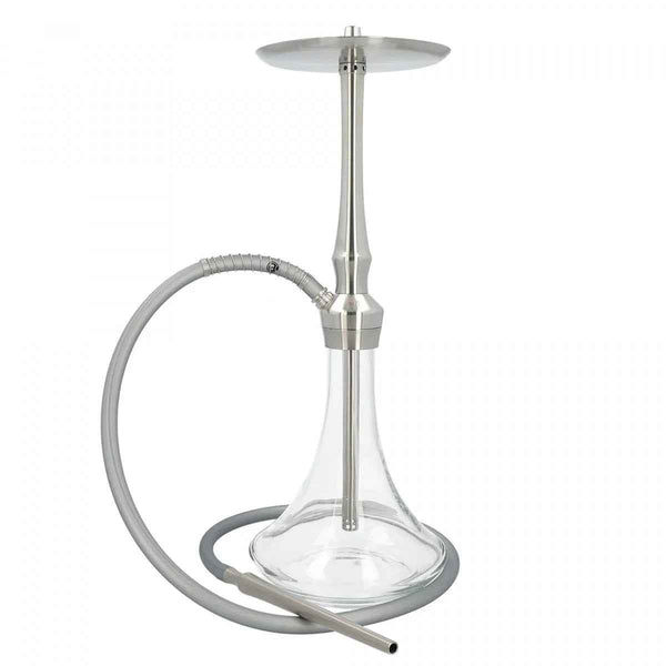 Modern glass and stainless steel hookah with grey silicone hose on white background