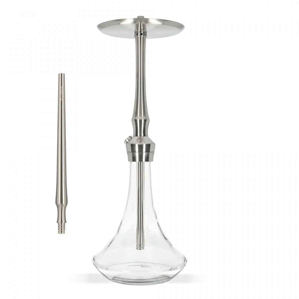 Modern stainless steel and glass hookah set with detachable mouthpiece on white background