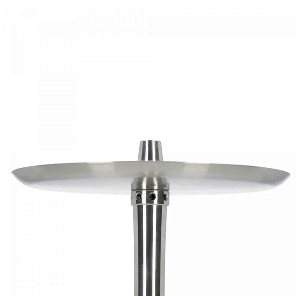 Stainless steel hookah stem and tray on a white background