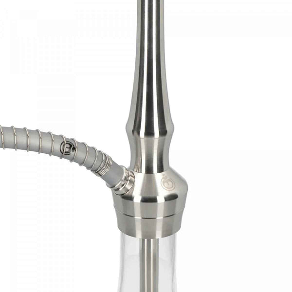 Modern stainless steel hookah with glass base and attached silicone hose